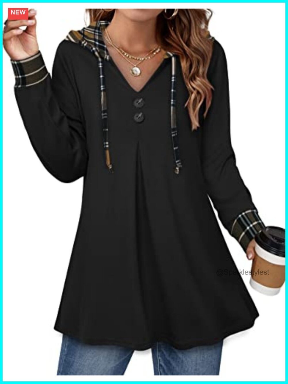 Women's Long Sleeve Hooded Tunic Top Button Front Pullover Sweatshirt